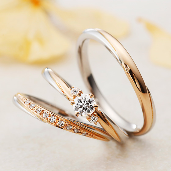 ピンクゴールド部分にダイヤモンドをセッティングすることで色味がはっきりとし、華やかな印象のセットリングに。