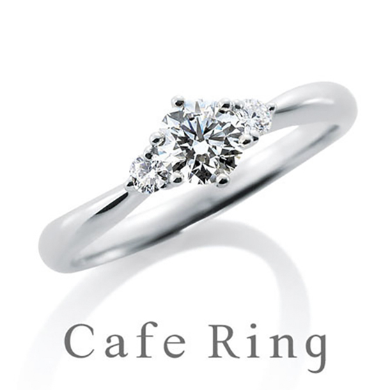 センターダイヤモンドの両サイドにメレダイヤモンドが留められた人気の婚約指輪デザイン。