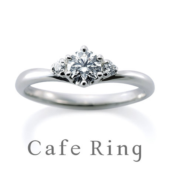 細身のV字ライン、メレダイヤモンドが2石留められたキュートな婚約指輪。
